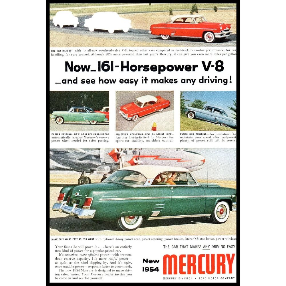 1954 Mercury Coupe Vintage Print Ad Airplane Race Track Wall Art Photo
